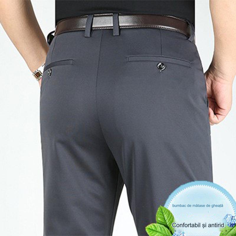 👖👖【45kg-110kg】Pantaloni casual de afaceri subțiri pentru bărbați de primăvară și vară Pantaloni elastici din mătase de gheață, drepti, largi, fără călcat