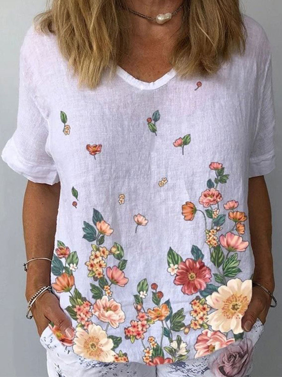 【S-5XL】🌈Tricou cu mâneci scurte cu imprimeu floral din in bumbac💐