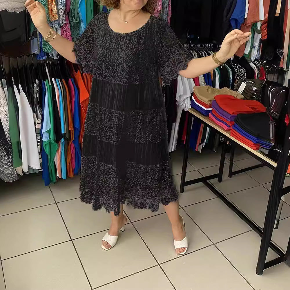 👗[S-5XL]Noi rochii de dantelă cu mânecă scurtă cu gât rotund