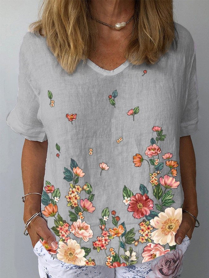 【S-5XL】🌈Tricou cu mâneci scurte cu imprimeu floral din in bumbac💐