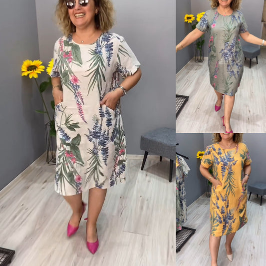 💕💕【S-5XL】2024 Rochie elegantă cu imprimeu din bumbac și in