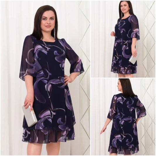 💕【S-5XL】👗Rochie elegantă cu imprimeu din plasă, cu mâneci cu volan