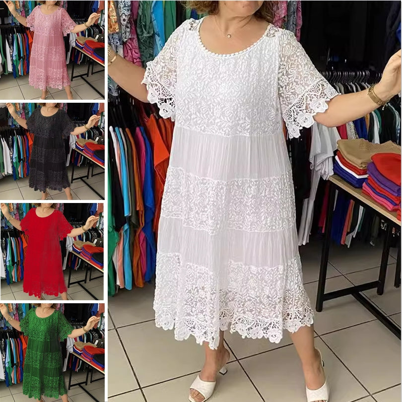 👗[S-5XL]Noi rochii de dantelă cu mânecă scurtă cu gât rotund