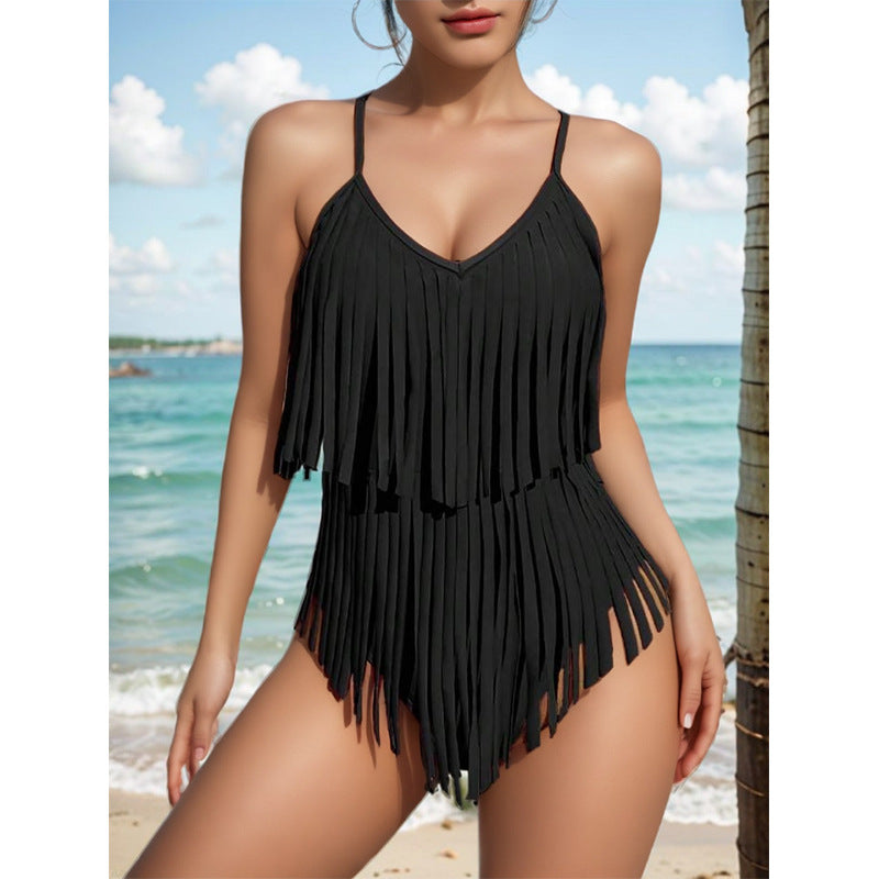 😍👙2024 Costum de baie sexy cu decolteu în V, slim fit, fără spate, cu franjuri