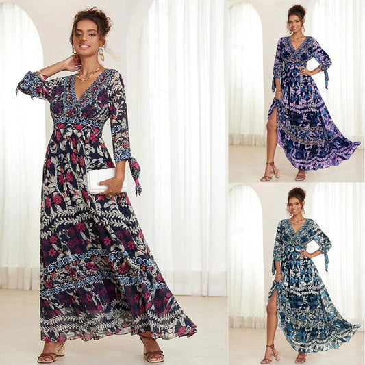 💟【S-5XL】👗Noua rochie maxi de damă, vara 2024, în stil resort boem, cu volante florale, cu decolteu în V