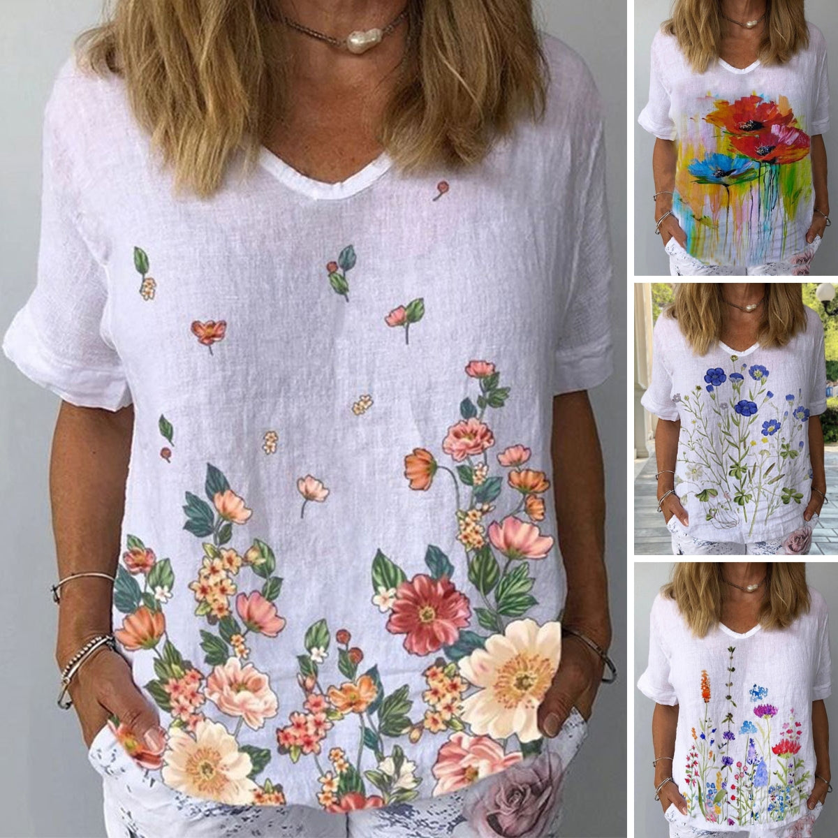 【S-5XL】🌈Tricou cu mâneci scurte cu imprimeu floral din in bumbac💐