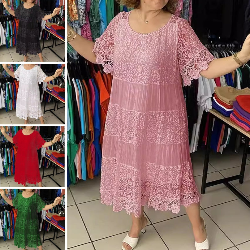 👗[S-5XL]Noi rochii de dantelă cu mânecă scurtă cu gât rotund