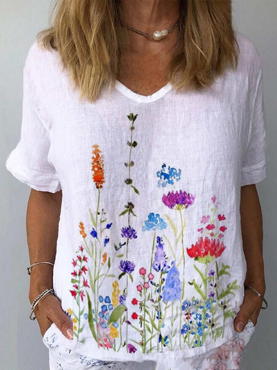 【S-5XL】🌈Tricou cu mâneci scurte cu imprimeu floral din in bumbac💐