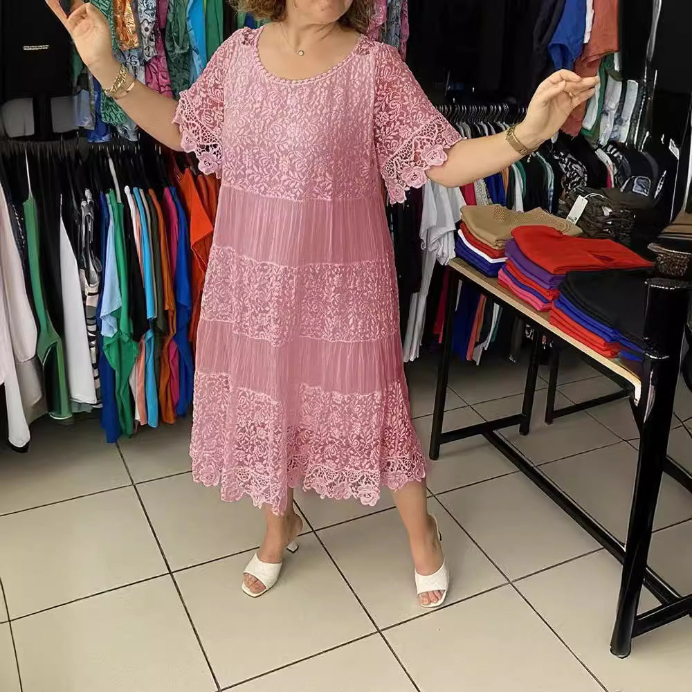 👗[S-5XL]Noi rochii de dantelă cu mânecă scurtă cu gât rotund