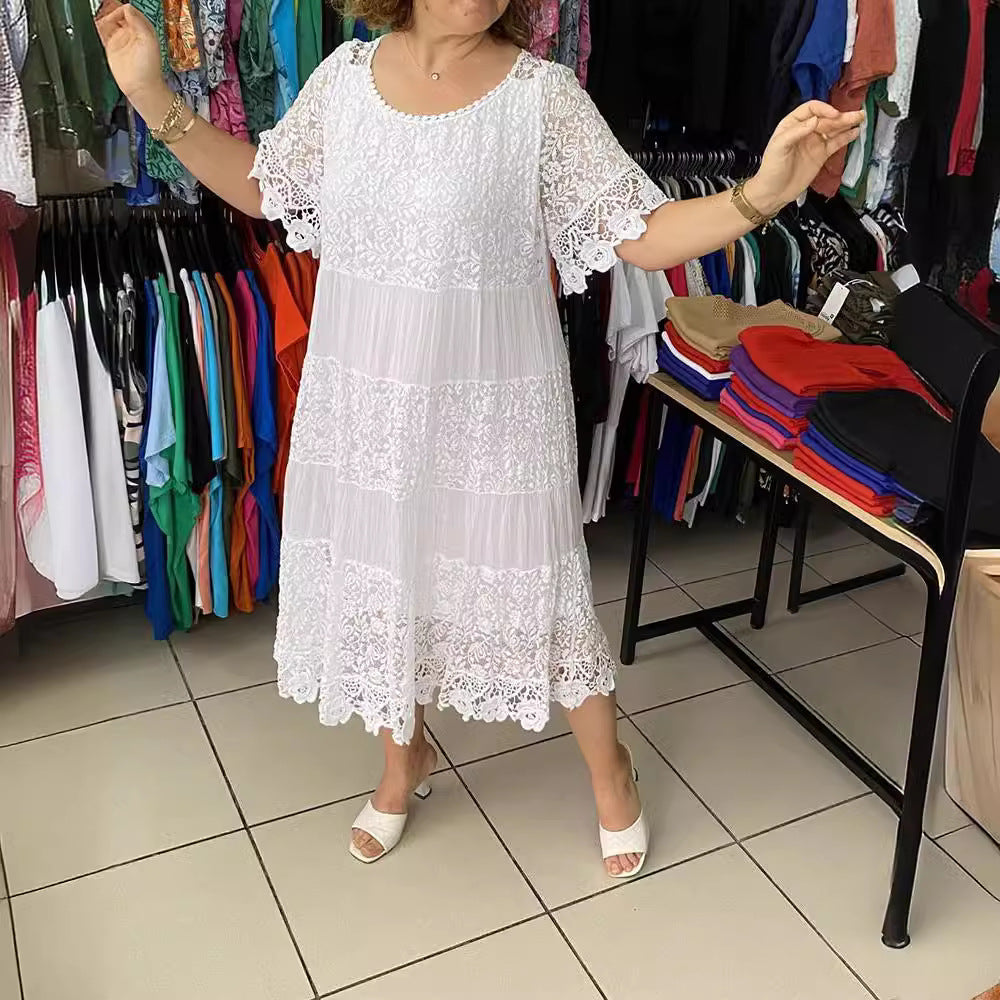 👗[S-5XL]Noi rochii de dantelă cu mânecă scurtă cu gât rotund