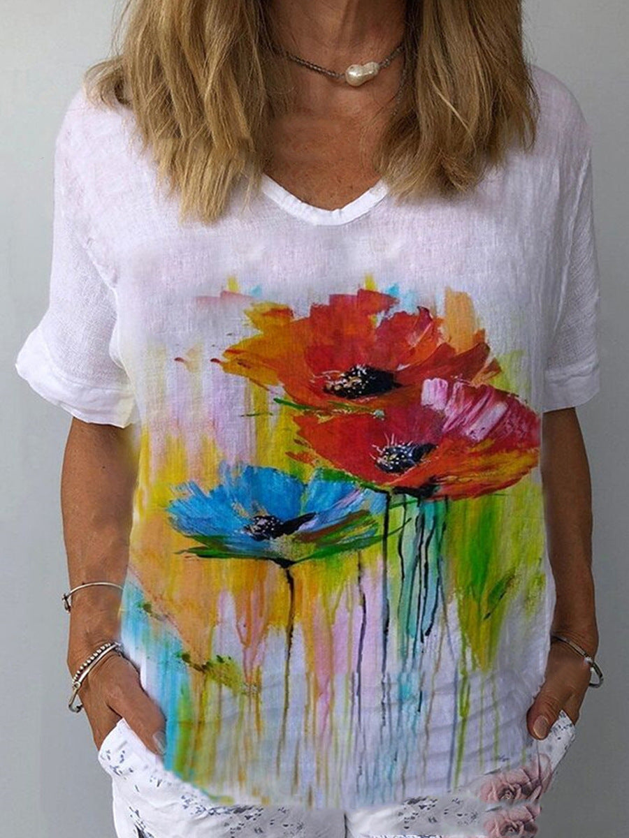 【S-5XL】🌈Tricou cu mâneci scurte cu imprimeu floral din in bumbac💐