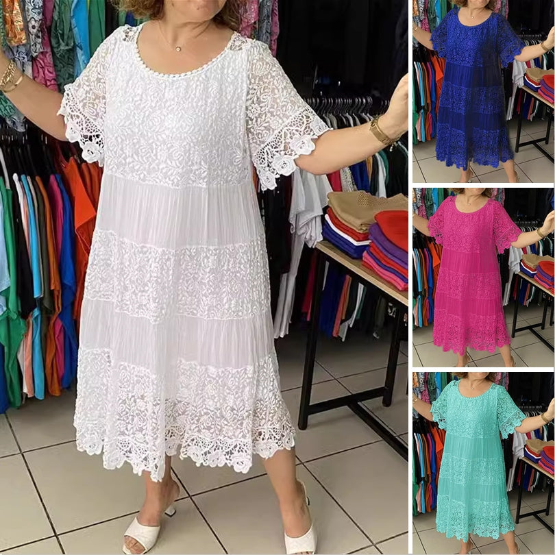 👗[S-5XL]Noi rochii de dantelă cu mânecă scurtă cu gât rotund